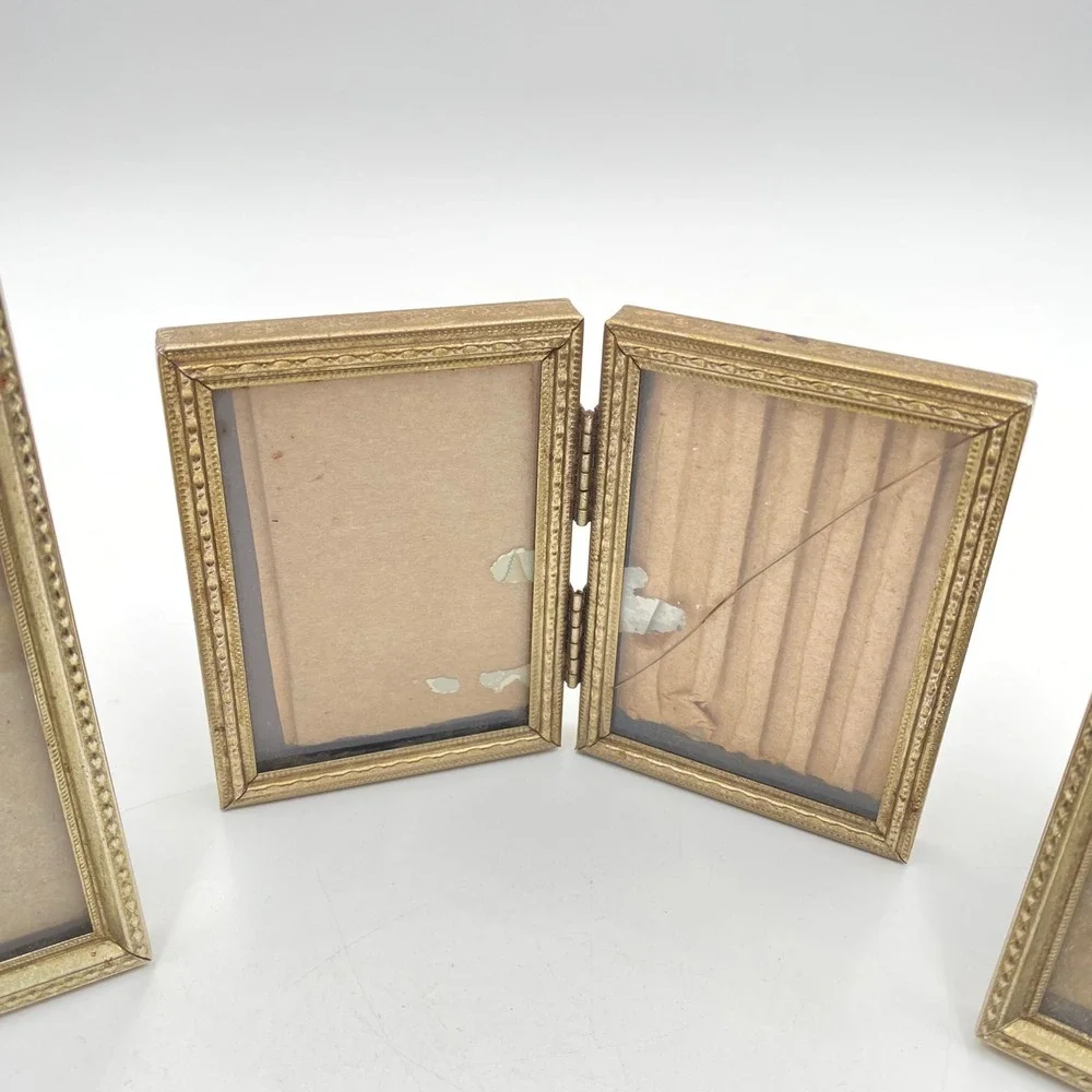 Vintage Gold Metal Picture Frame Set Embossed Diamond 3 Piece Lot Mid Century